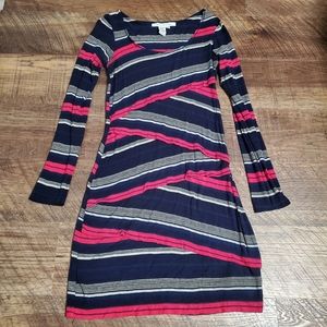 Max Studio Striped Long Sleeve Dress Knit Fitted Bodycon Stretch Blue Pink Cream